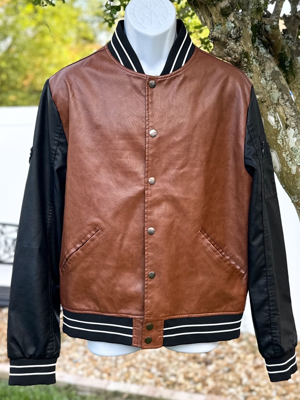 FRIED Denim NYC Varsity Bomber Jacket Brown Black Faux Leather Mens Large